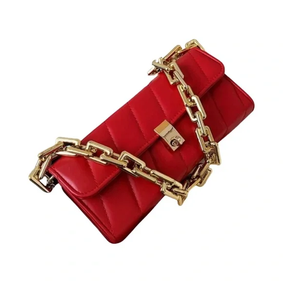 Bright Red Quilted Gold Chain Link Shoulder Purse Bag - Picture 2 of 6